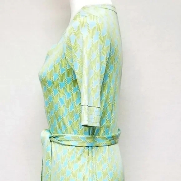 Rare Lilly Pulitzer Stretchy Silk Green Blue Houndstooth V-neck Belted Dress 4 - Picture 8 of 11
